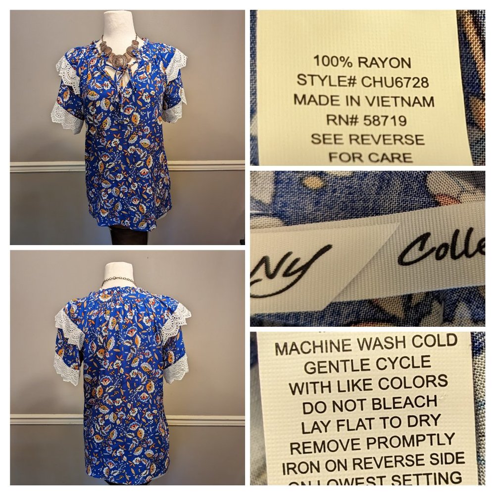 Women's Size S NY Collection Blue White Yellow Flower Print Ruffle Tie Top NWOT.